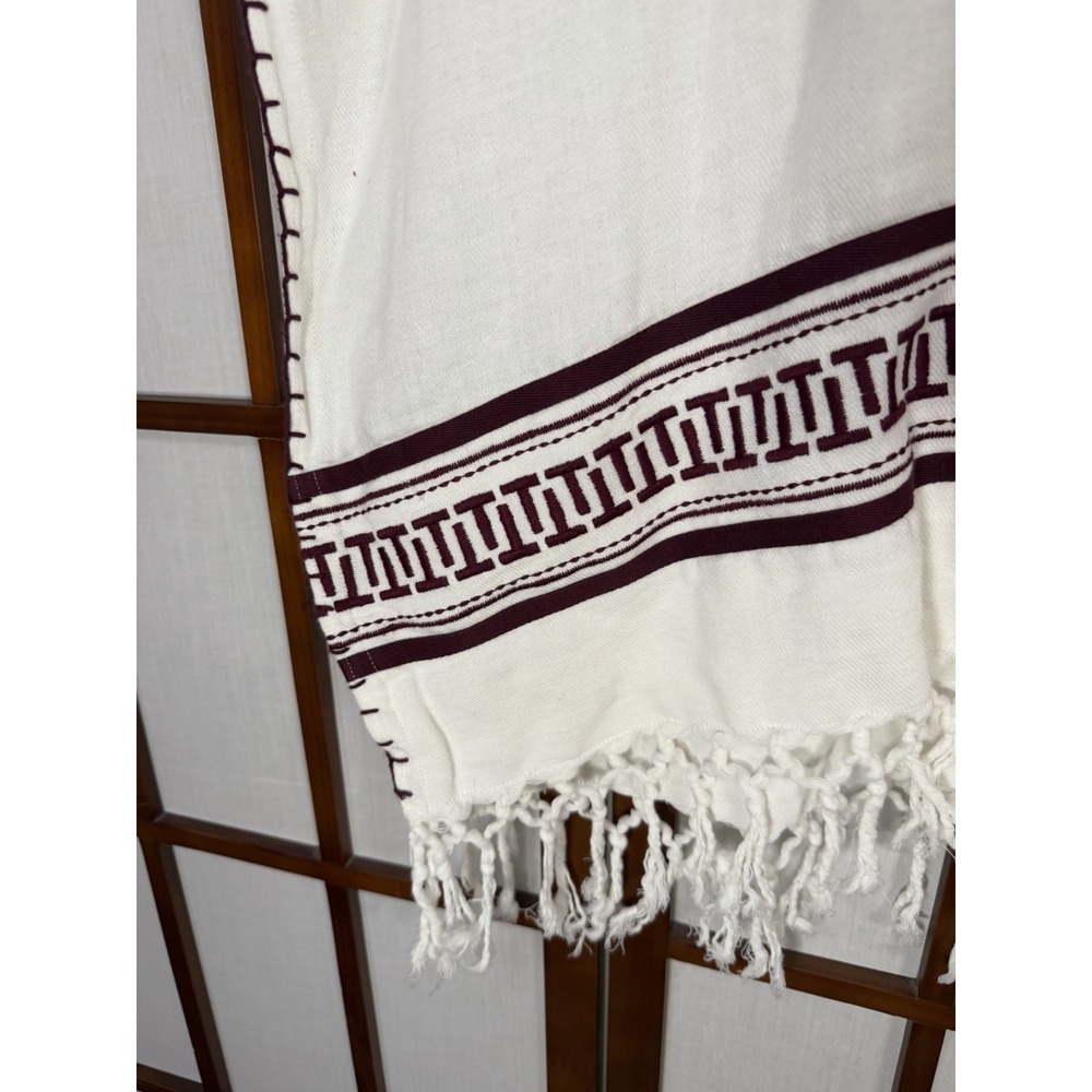 Tory Burch Woven Cotton Hooded Poncho Cover Up Ivory Burgundy Fringe Indie Beach - Picture 9 of 10